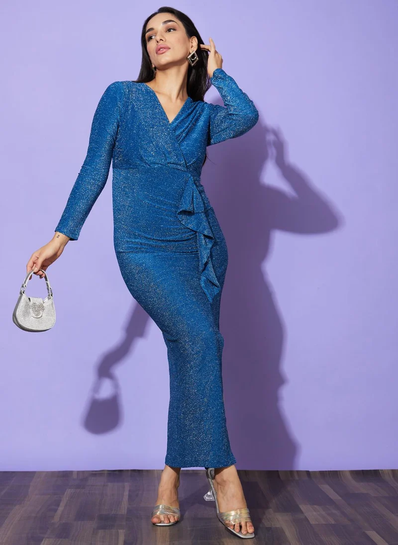 جلو باص Globus Women V-Neck Ruffle Detail Embellished Side Slit Wrap Style Maxi Party Dress